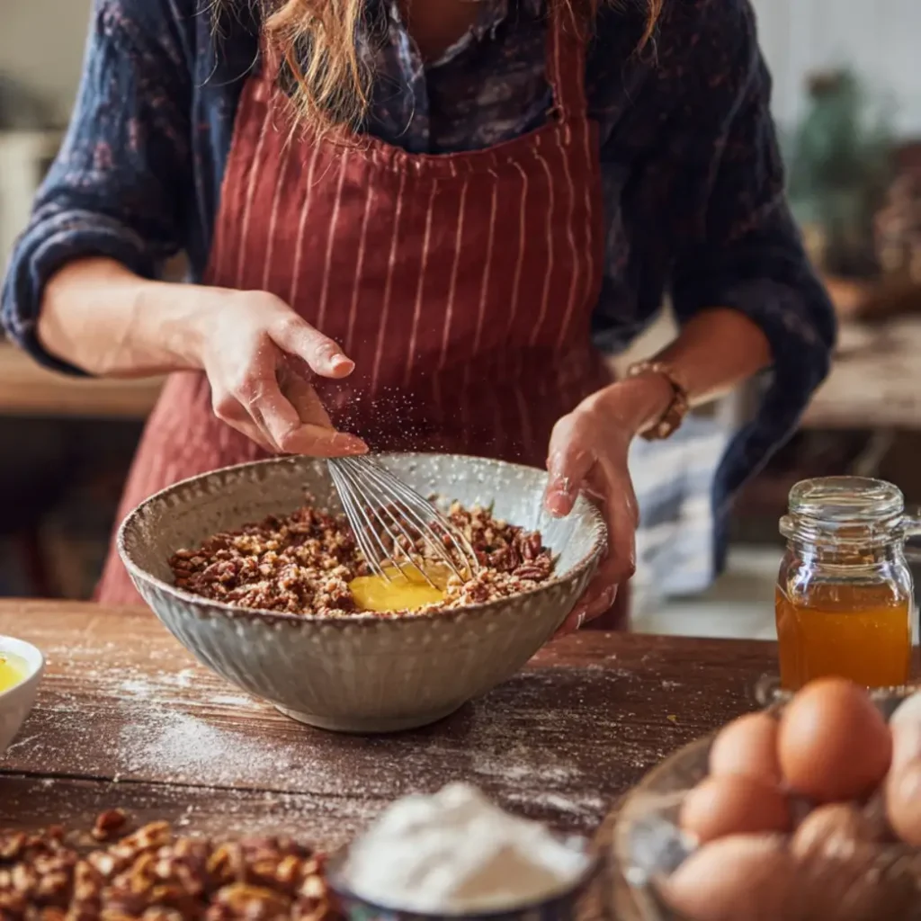 Person whisking eggs into chopped pecans for pecan pie dump cake filling.