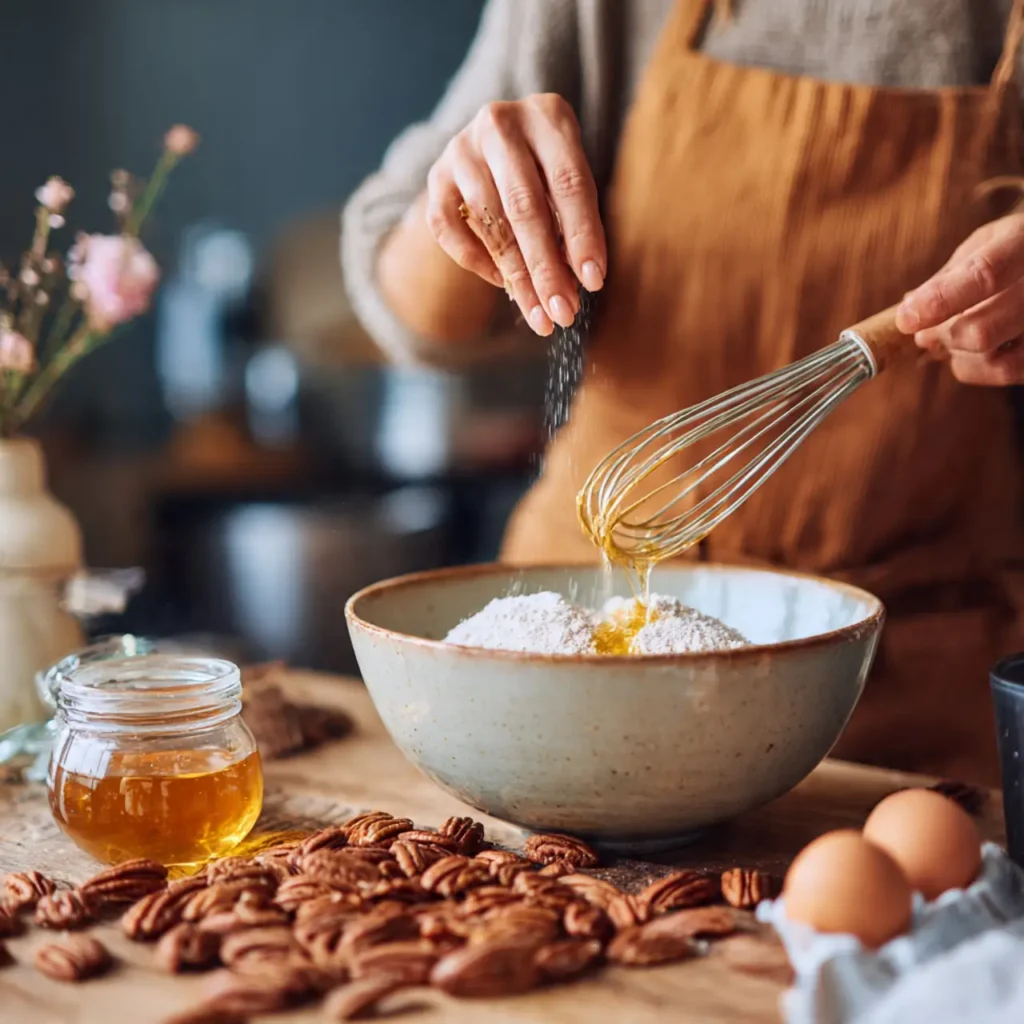 Hands pouring honey into flour while preparing pecan pie dump cake batter.