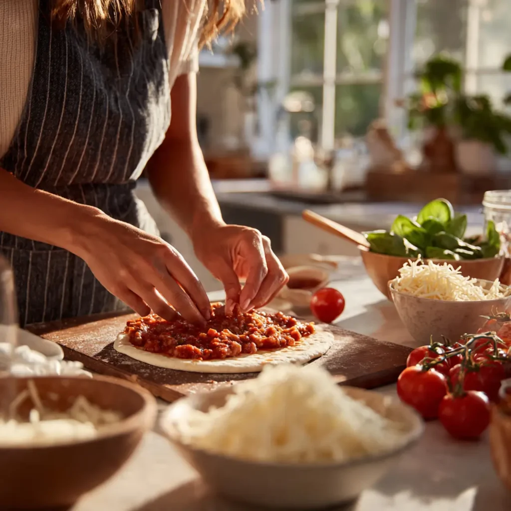 Woman spreading tomato sauce over flatbread while prepping homemade pizza.