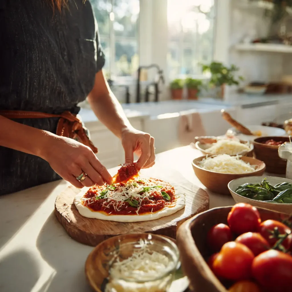 Hands adding toppings onto a flatbread pizza with cheese and tomato sauce.