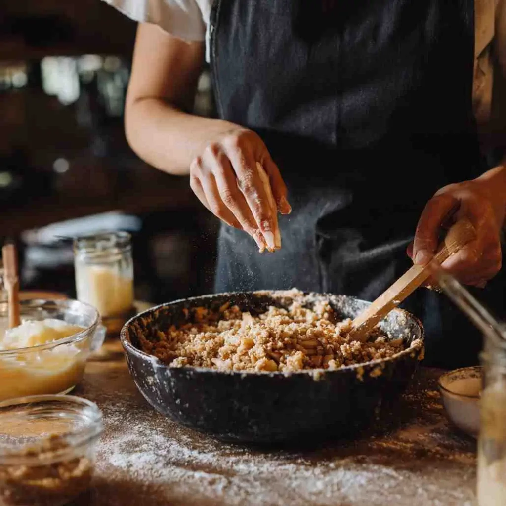 Hands mixing a vegan oat crumble topping in a rustic bowl for apple crisp.
