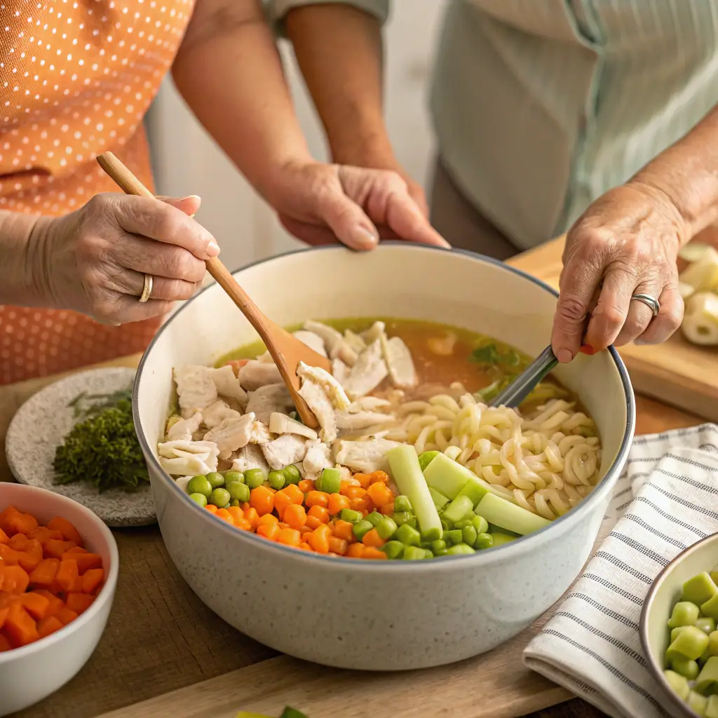 Two people preparing chicken noodle soup in a large pot with noodles, carrots, and chicken pieces.