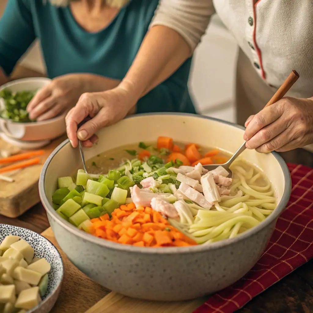 Hands adding vegetables and chicken to a large pot of chicken noodle soup.