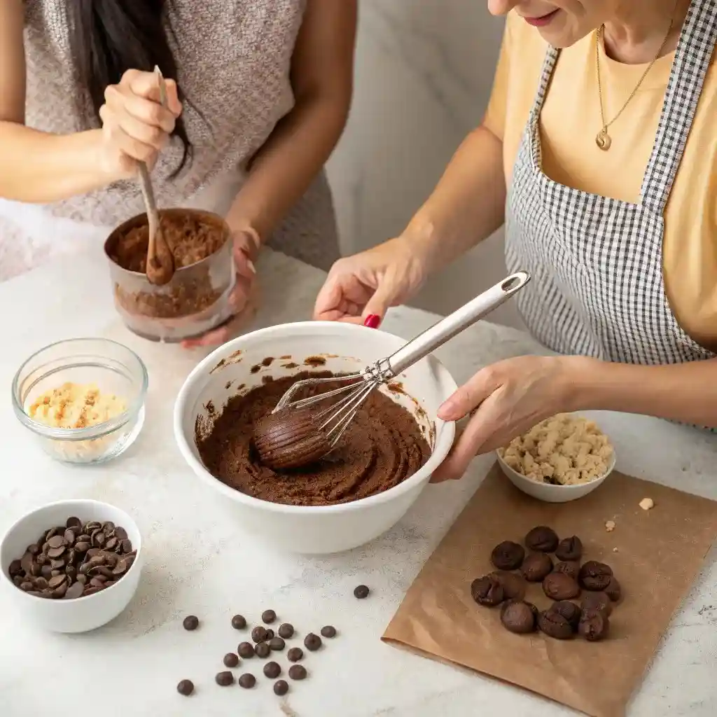 Two people mixing chocolate cookie batter in a white bowl.