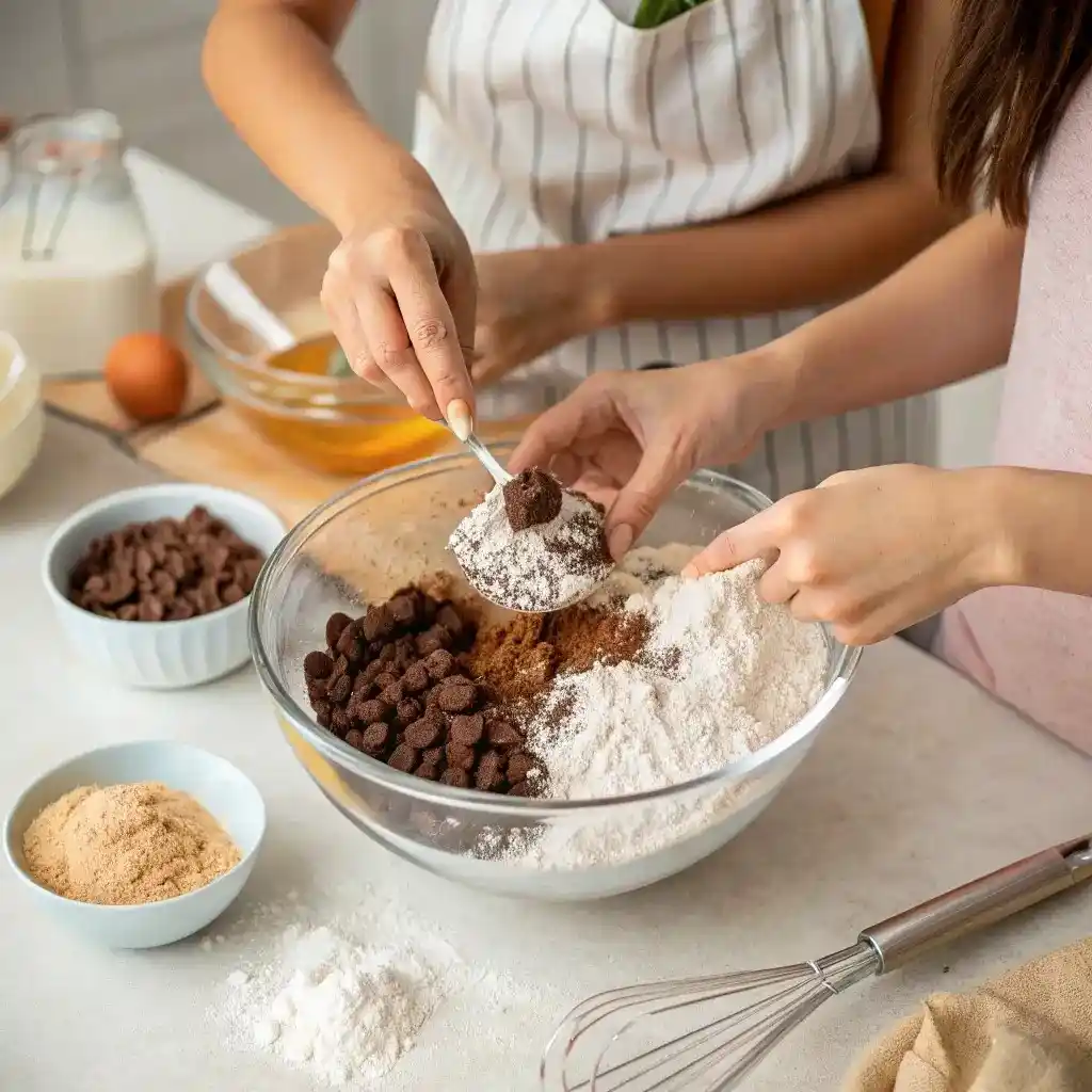 Hands mixing dry ingredients for chocolate crinkle cookies in a glass bowl.