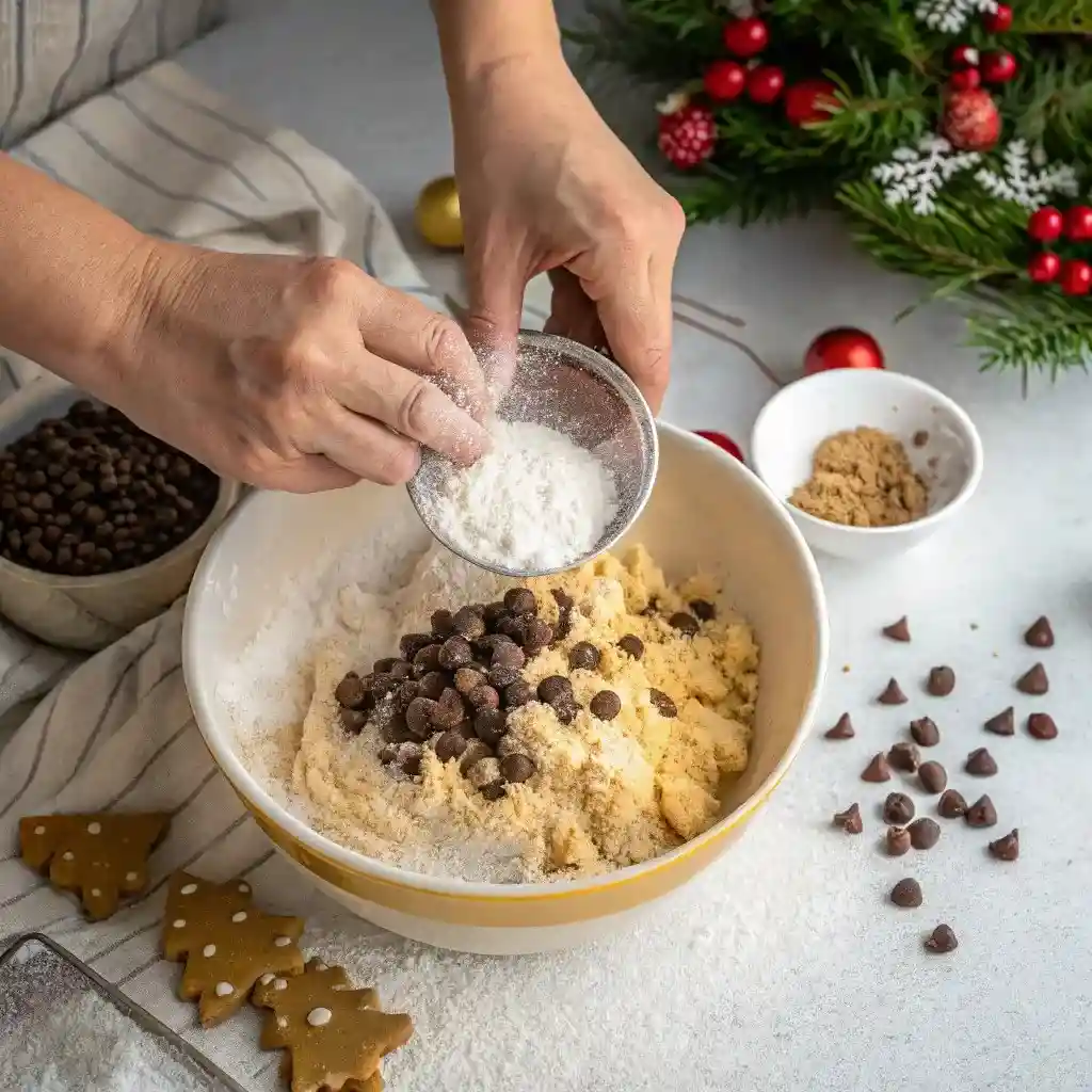 Hands mixing cookie dough with chocolate chips and flour surrounded by Christmas decorations.