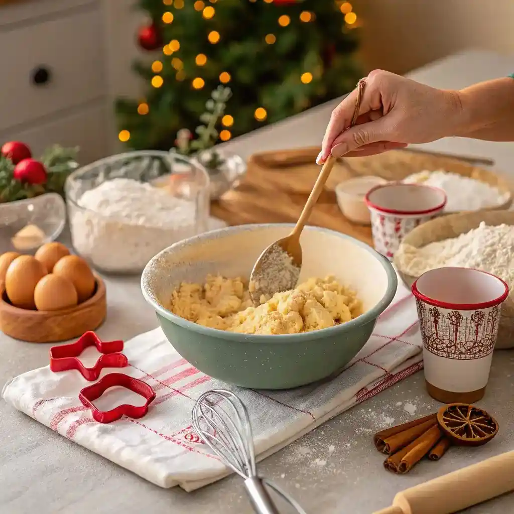 Person stirring cookie dough in a festive kitchen with Christmas lights and baking tools around.
