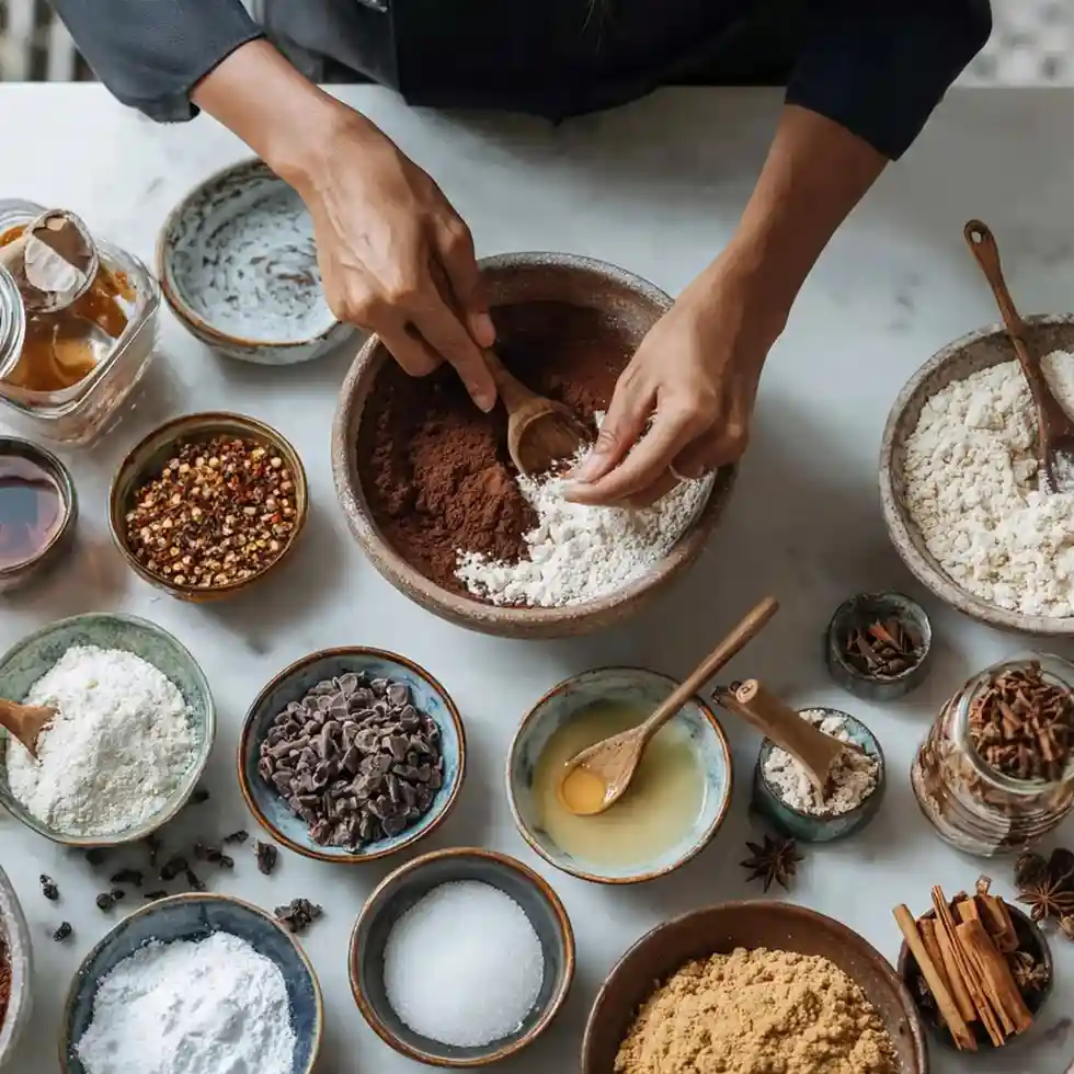 Hands mixing cocoa powder and flour in a bowl surrounded by bowls of sugar, chocolate chips, spices, and baking ingredients.