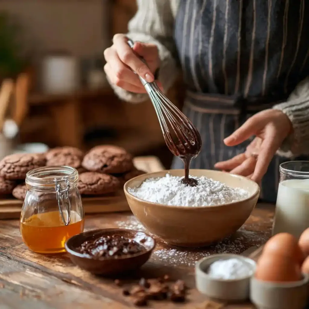 Person whisking melted chocolate into powdered sugar with baking ingredients like eggs, honey, and milk in the background.