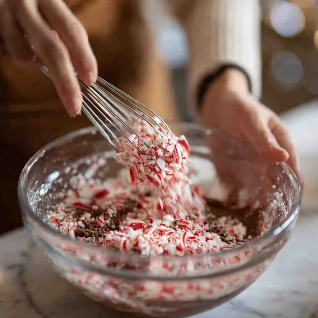 Hands whisking crushed candy canes into melted chocolate in a clear glass bowl for homemade Peppermint Bark