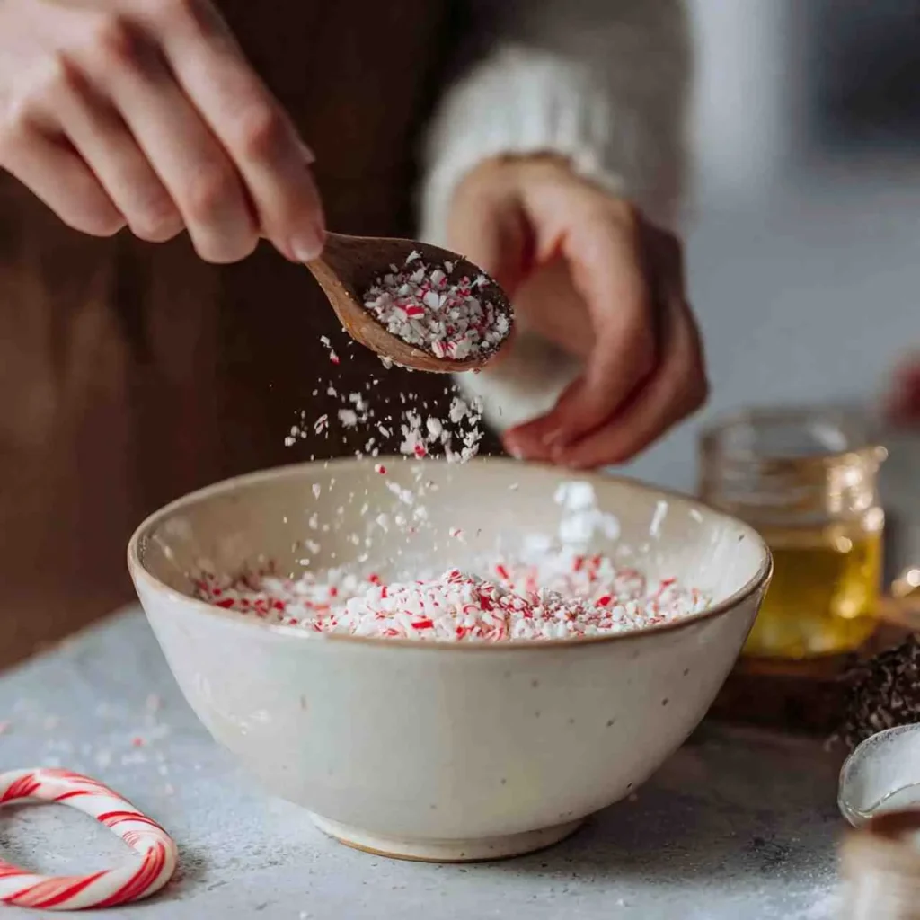 Person in striped apron whisking peppermint candies into white chocolate in a brown ceramic bowl beside whole candy canes and milk