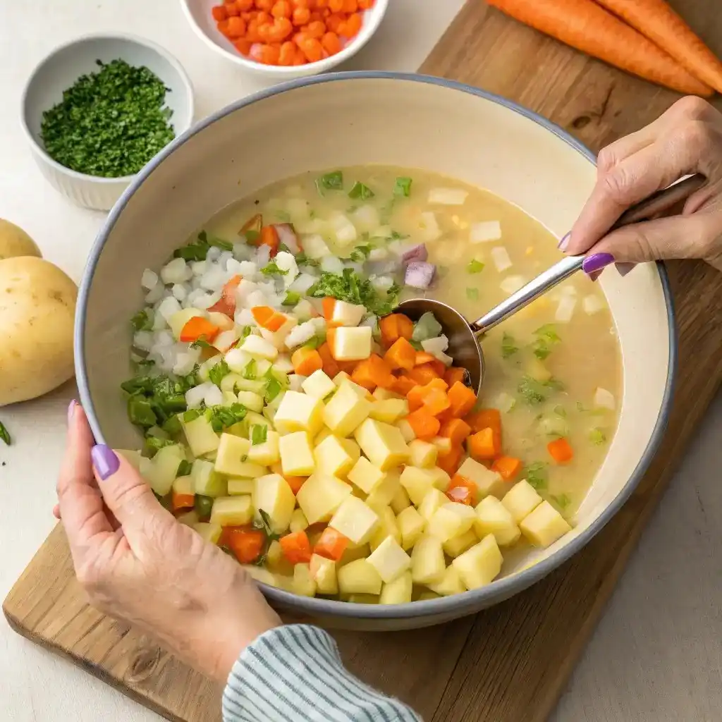 Hands stirring diced potatoes, carrots, celery, and onions in a pot of broth while cooking potato soup.