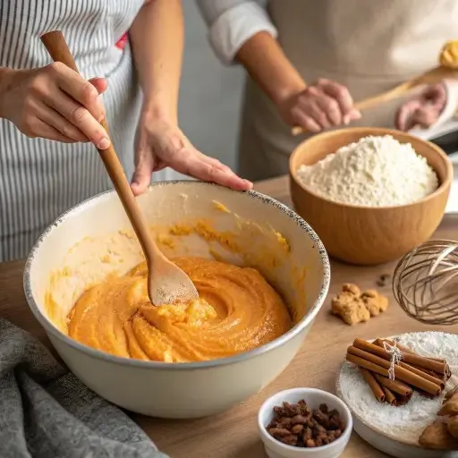 Woman mixing pumpkin cream cheese pie batter in a large bowl surrounded by flour, spices, and baking tools.