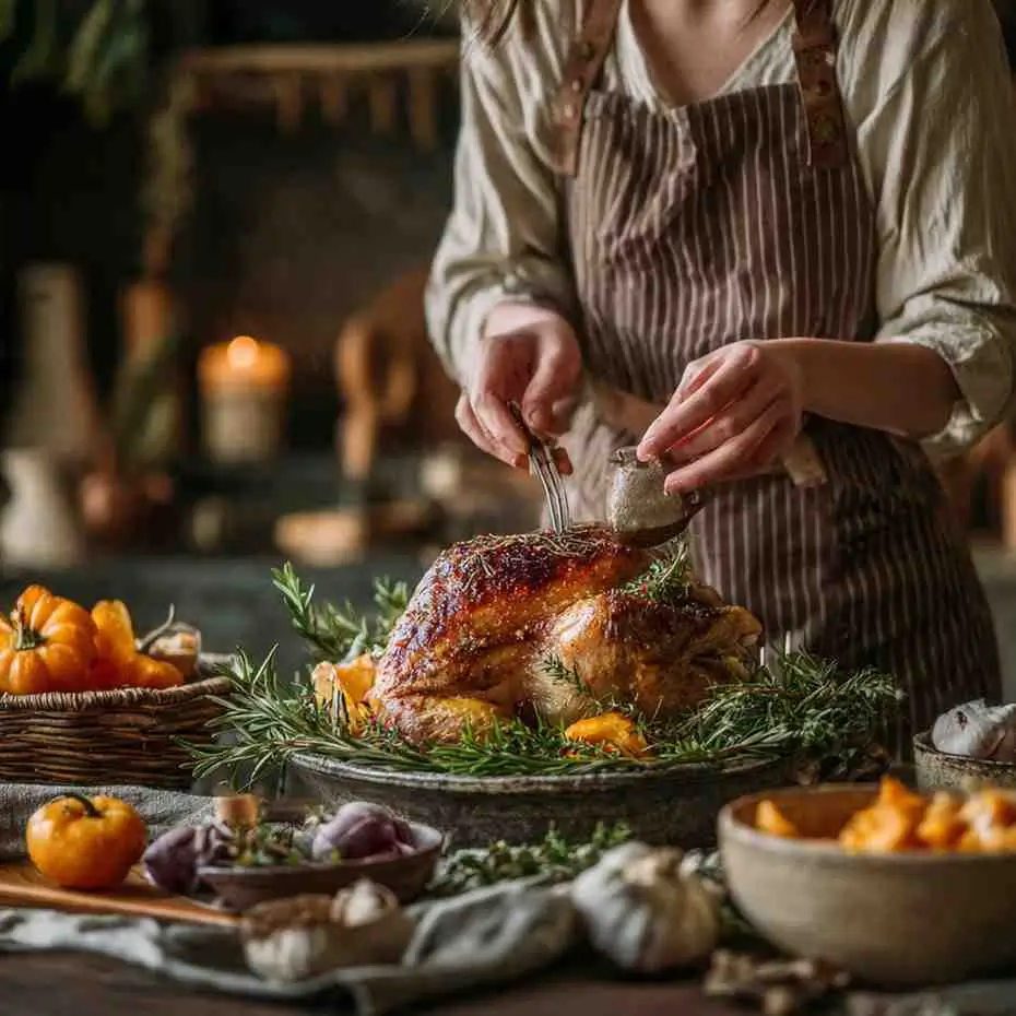 Whole roast turkey with herb-seasoned crispy skin on wooden cutting board with sage and thyme.