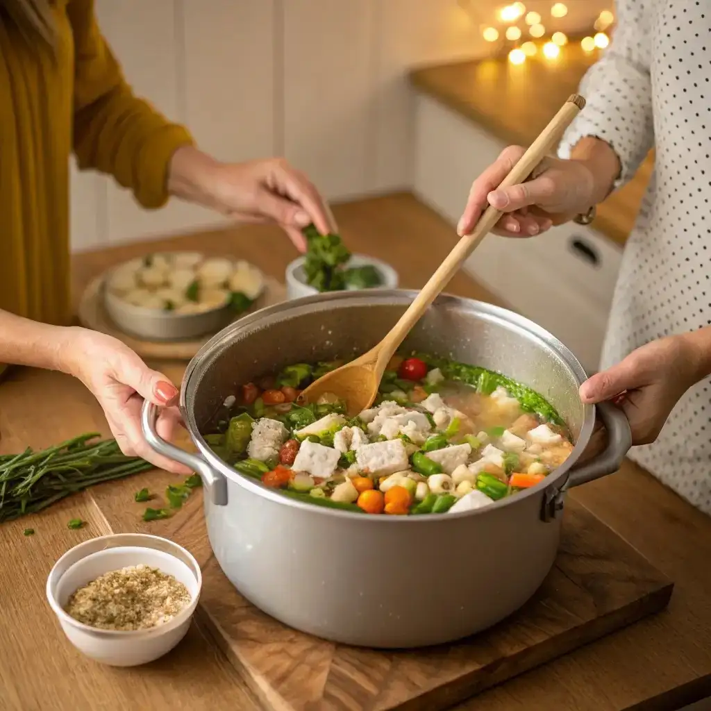 Two people preparing and stirring a pot of turkey soup filled with vegetables and broth.