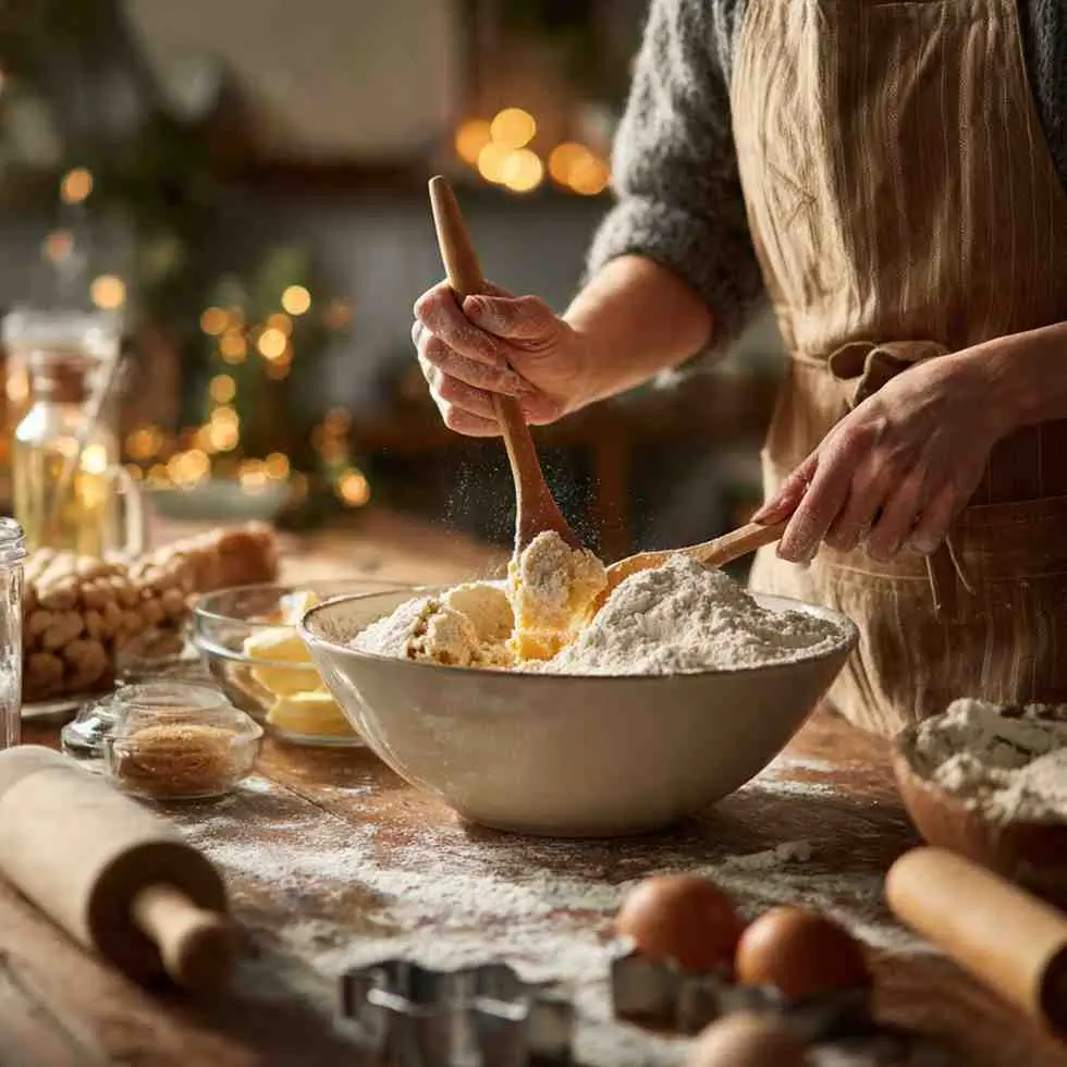 Flat lay of gingerbread cookie ingredients including flour, butter, spices, sugar, and eggs.