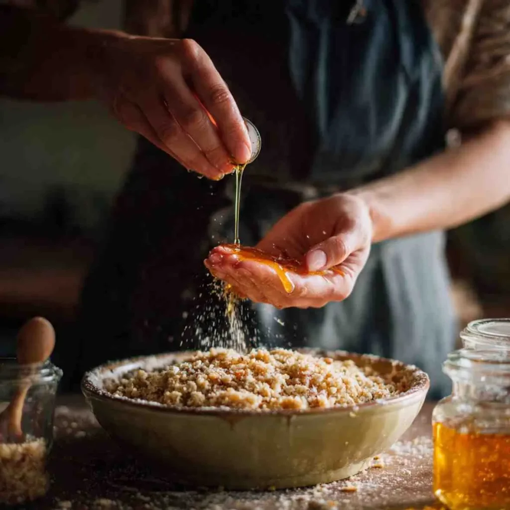 Hand drizzling maple syrup into a bowl of crumble topping for apple crisp.