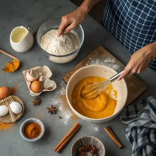 Person whisking pumpkin batter in a bowl surrounded by flour, eggs, and warm spices for making pumpkin coffee cake.
