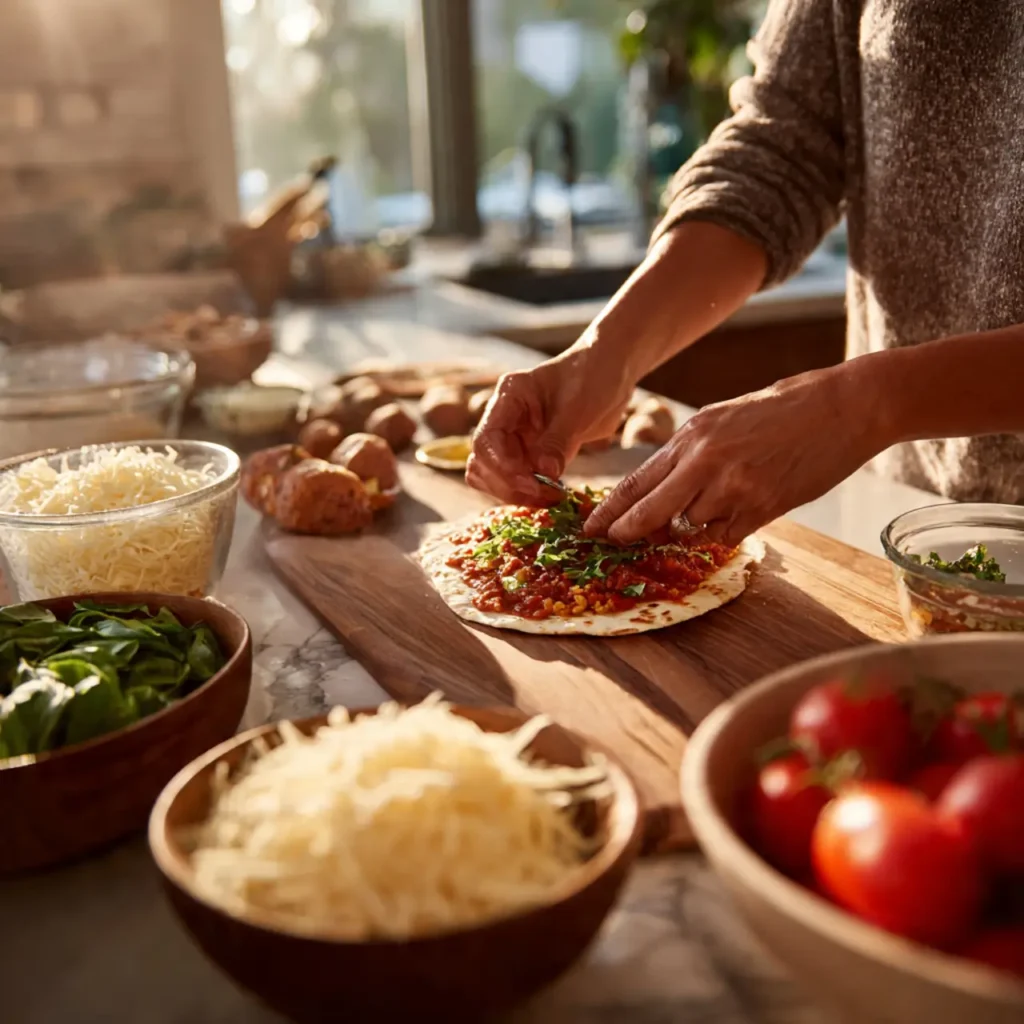 Person sprinkling fresh herbs over a tomato and cheese flatbread pizza.