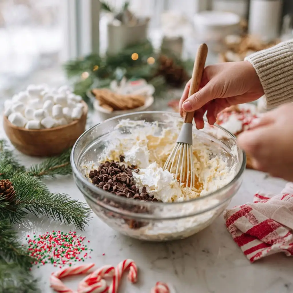 Whisking chocolate chips and marshmallows into creamy fudge batter in a bowl.
