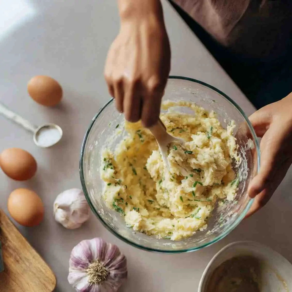 Hands stirring creamy garlic mashed potatoes in a glass bowl with garlic and eggs nearby.