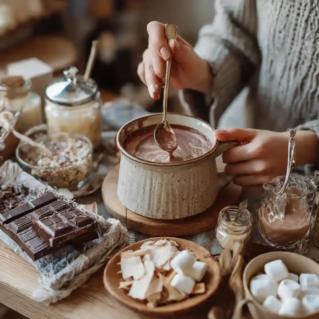 Person ladling freshly made hot chocolate from a rustic saucepan with marshmallows and ingredients nearby.
