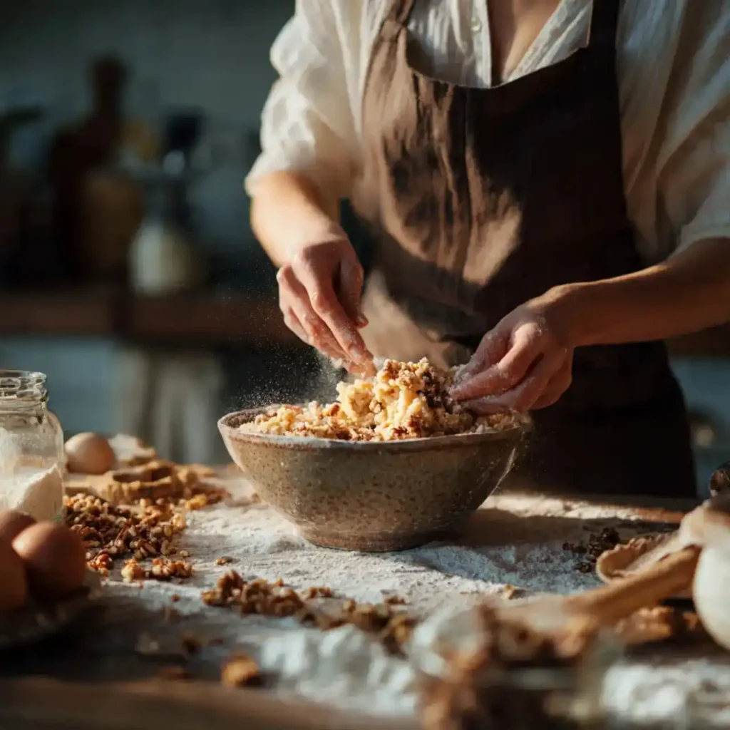Baker mixing pecan cookie dough by hand in a textured bowl.