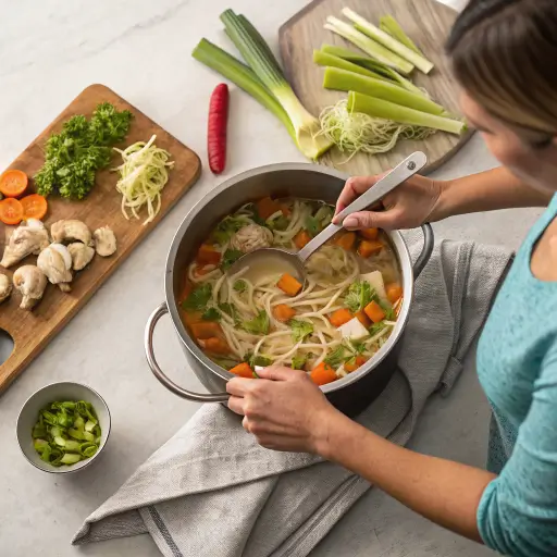 Person stirring a pot of chicken noodle soup with carrots, celery, and noodles on a kitchen counter.