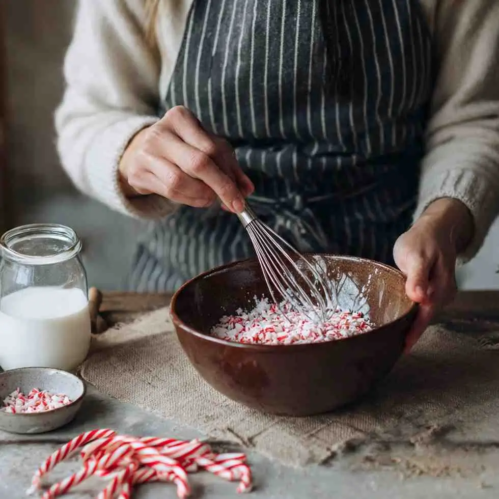Hand sprinkling crushed candy canes from a wooden spoon over melted white chocolate in a ceramic bowl for Peppermint Bark
