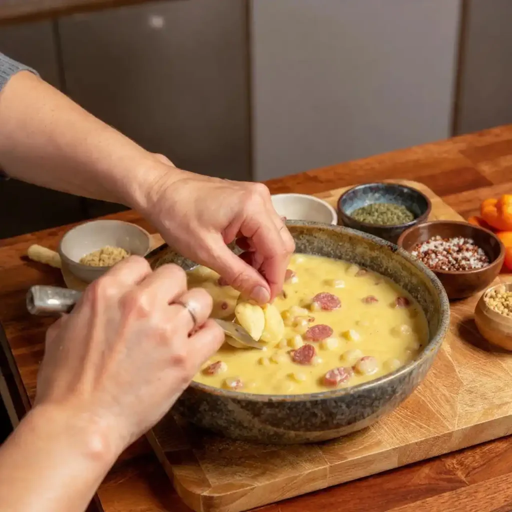 Hands adding gnocchi into creamy sausage soup on a wooden countertop surrounded by seasonings.