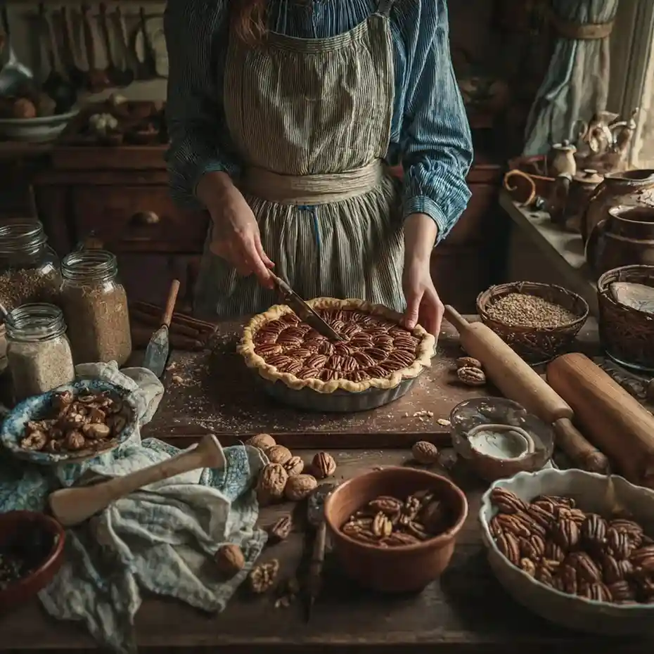 Person preparing pecan pie in a rustic kitchen surrounded by nuts and baking tools.