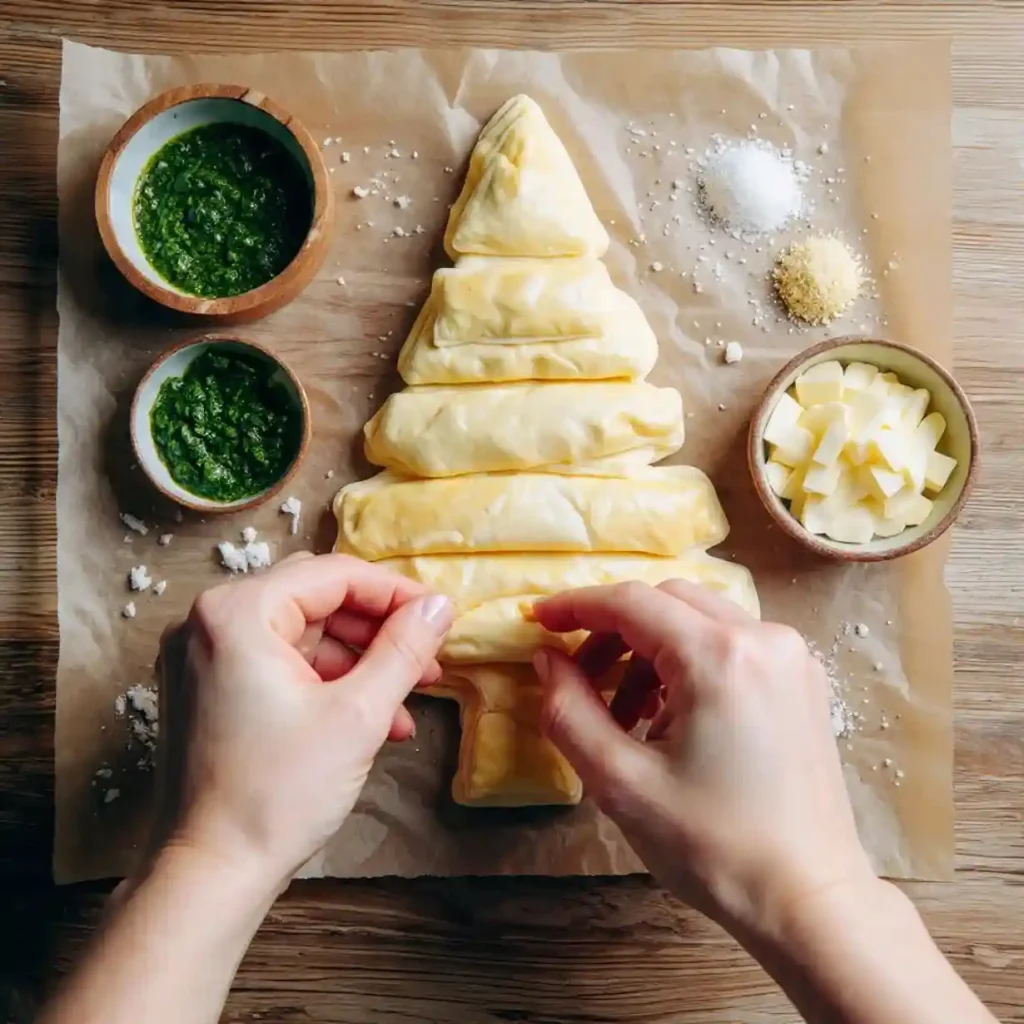 Hands assembling puff pastry shaped like a Christmas tree on parchment paper with pesto and cheese bowls.