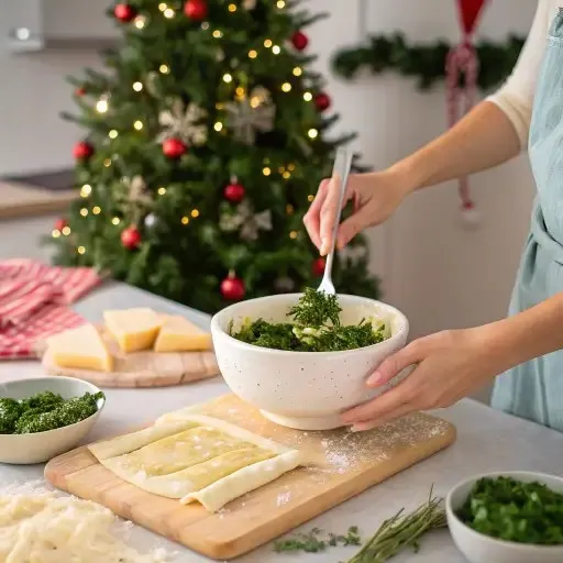 Person preparing pesto in a festive kitchen decorated with Christmas lights and tree in background.