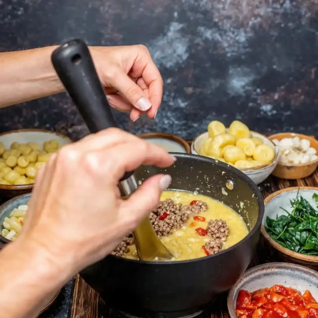 Two people stirring creamy gnocchi soup with sausage and herbs at a cozy kitchen table.