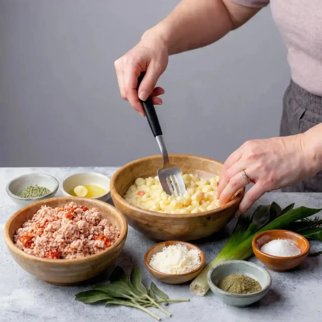 Preparing Italian sausage gnocchi soup with bowls of cooked sausage, gnocchi, Parmesan, and fresh herbs.