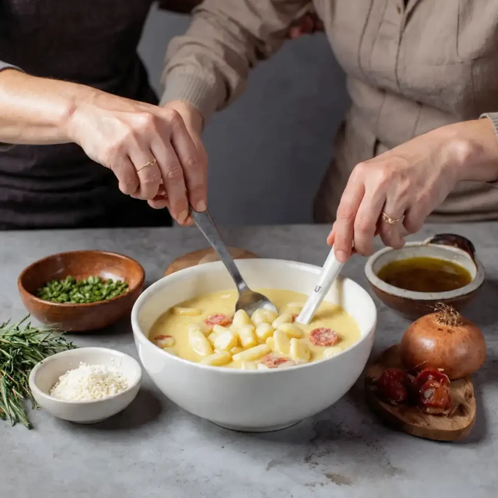 Two people stirring creamy gnocchi soup with sausage and herbs at a cozy kitchen table.