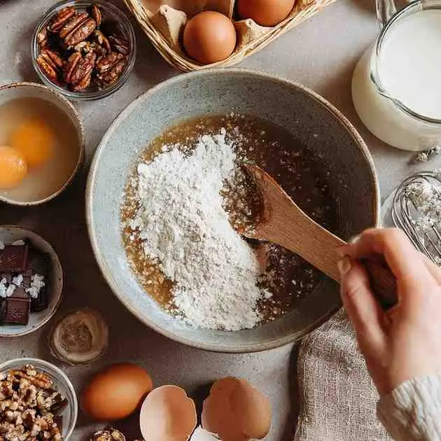 A person’s hands whisking a bowl of melted chocolate mixture surrounded by flour, pecans, and baking ingredients on the counter.