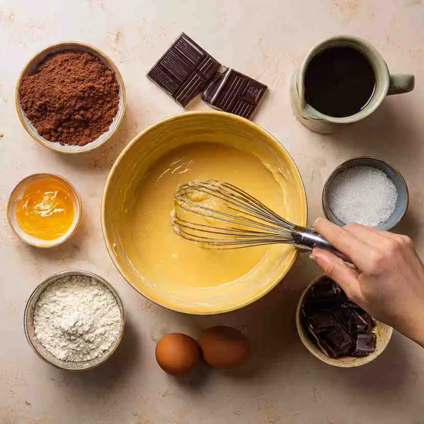 A person whisking a creamy yellow batter in a mixing bowl surrounded by cocoa powder, dark chocolate pieces, eggs, sugar, and baking ingredients.