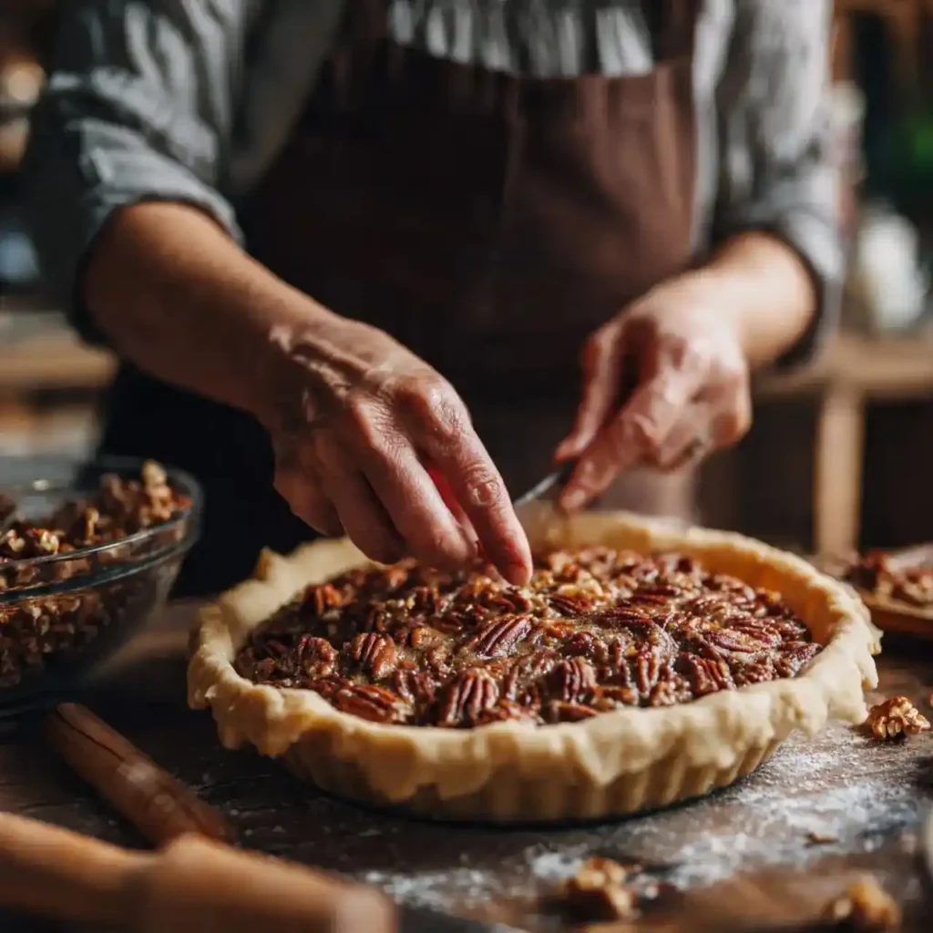Hands arranging pecans on an unbaked pecan pie crust.