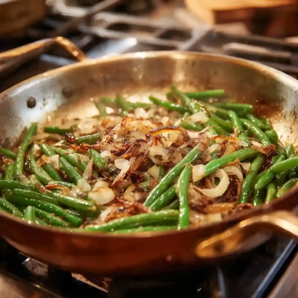 Green beans and caramelized onions sizzling in a stainless-steel skillet.