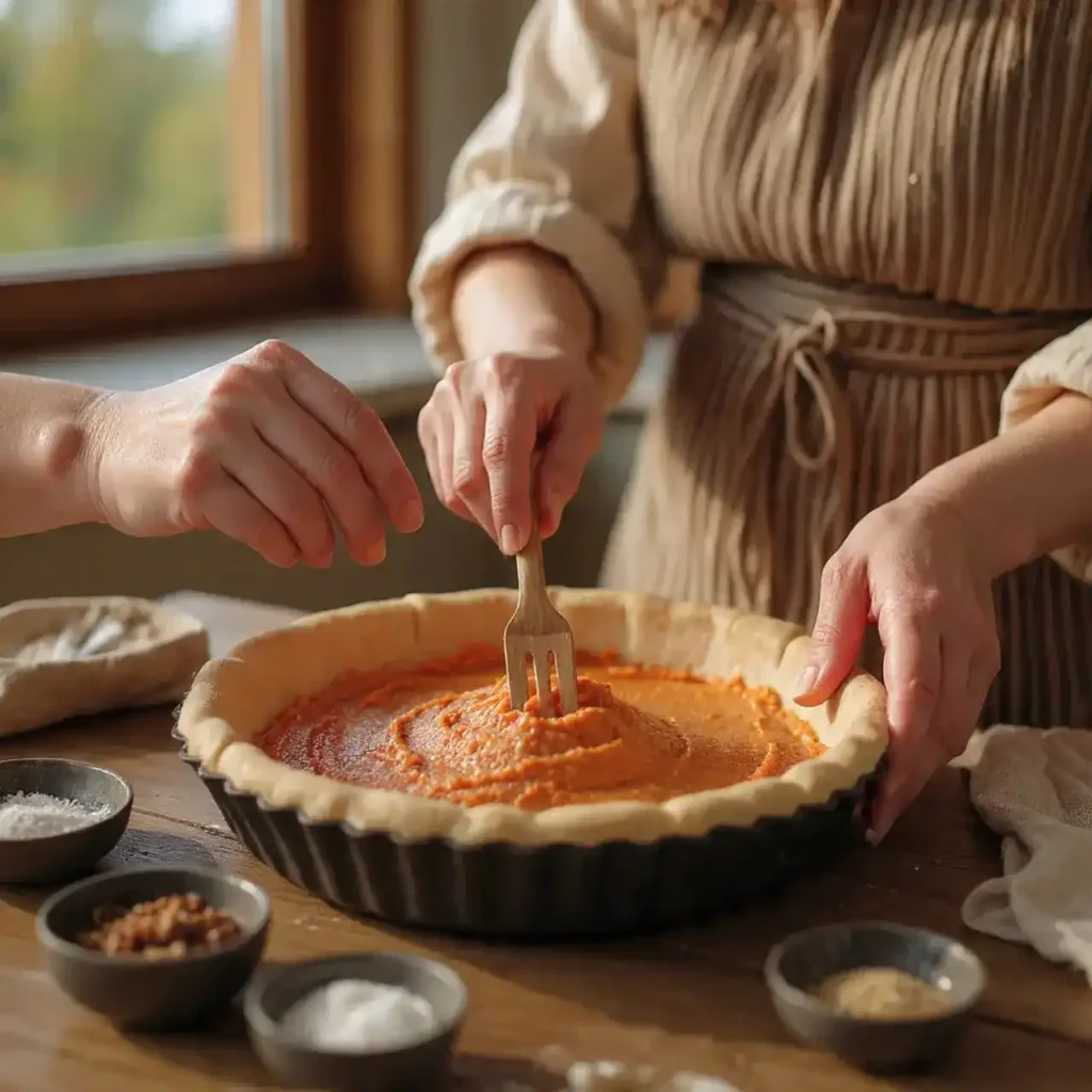 Two women preparing a sweet potato pie filling in a tart pan under warm natural light.