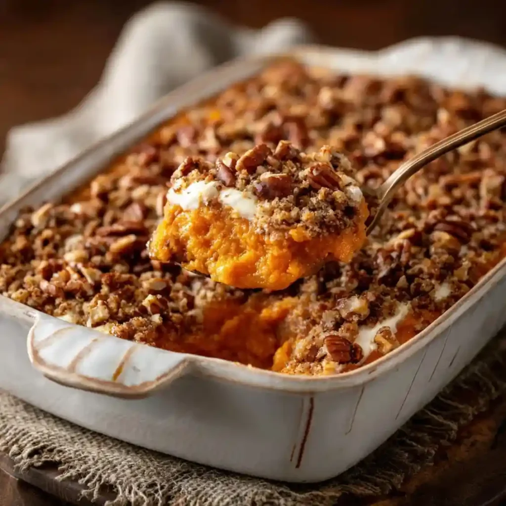 Spoon lifting a portion of baked sweet potato casserole from a rustic ceramic dish.