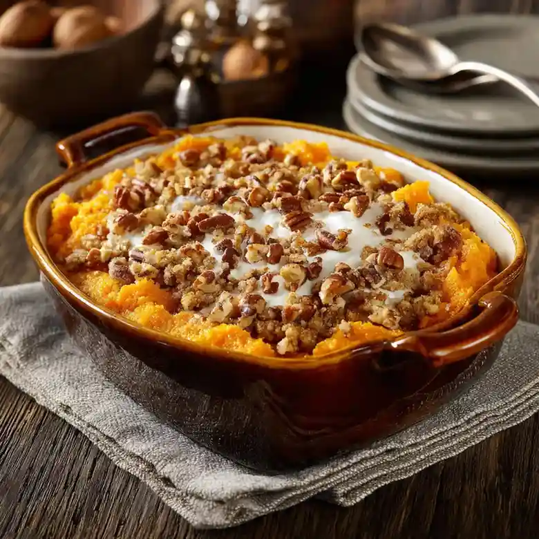 Baked sweet potato casserole with pecan crumble topping in a brown ceramic dish.