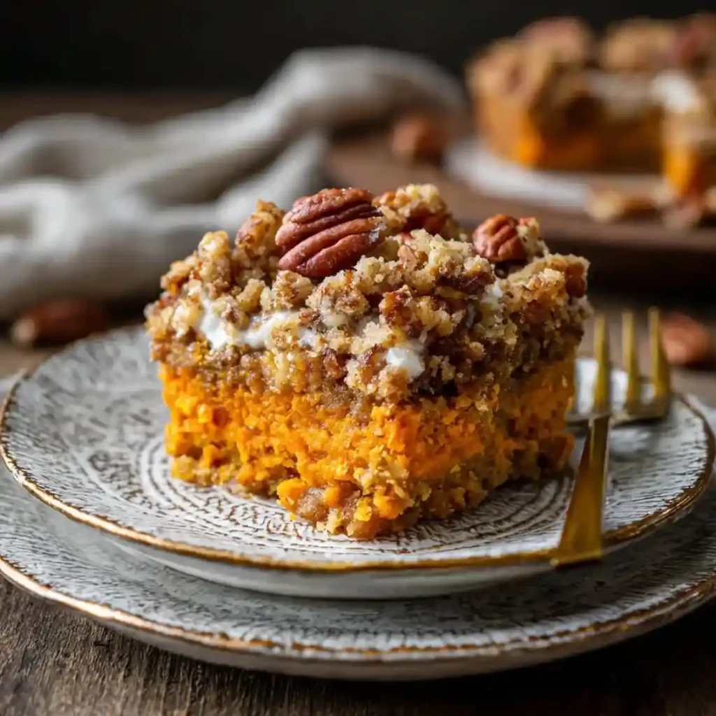 Close-up of a sweet potato casserole slice topped with pecans and crumble on a ceramic plate.