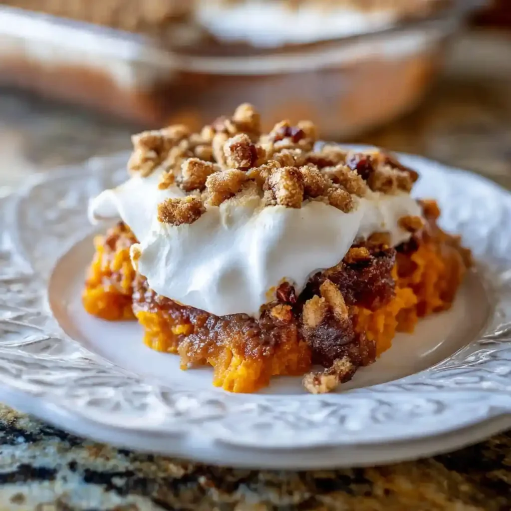 Sweet potato casserole topped with whipped cream and crumbly pecan streusel on a white plate.