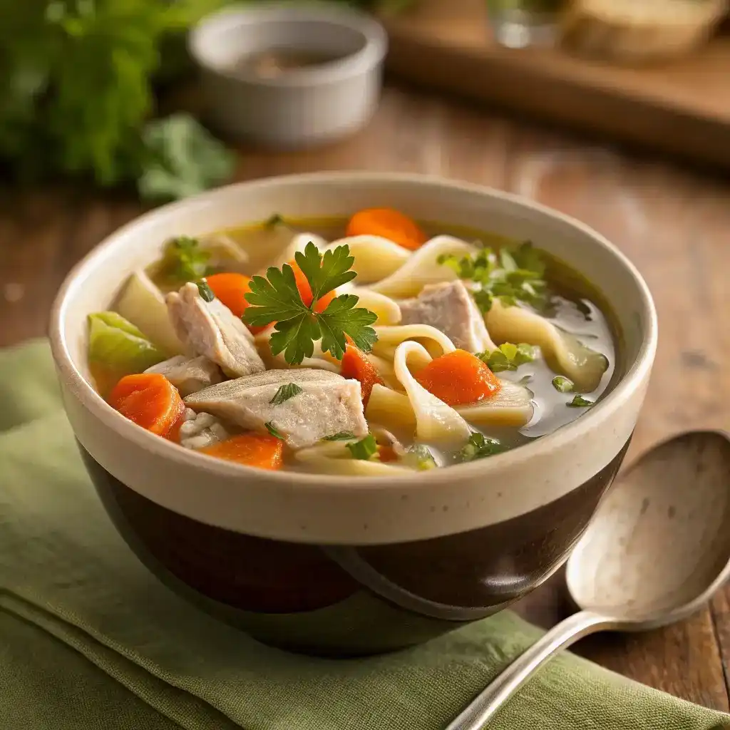 Bowl of turkey noodle soup with carrots, noodles, and herbs on a rustic table.