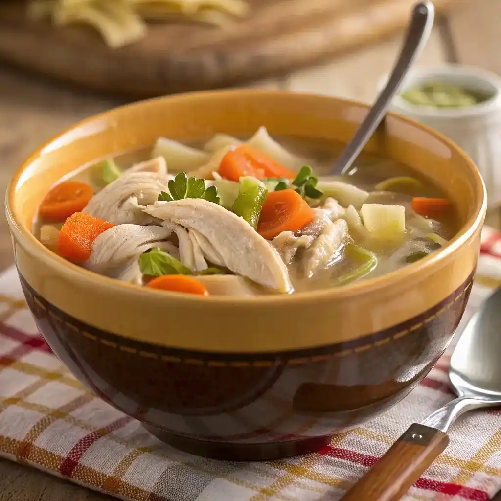 Close-up of turkey soup with shredded turkey, carrots, celery, and potatoes in a bowl.