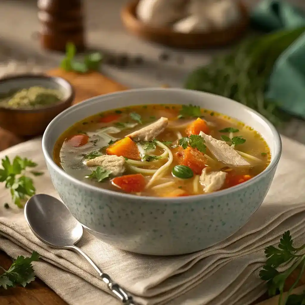 Bowl of turkey noodle soup with carrots, herbs, and long noodles in a light broth.