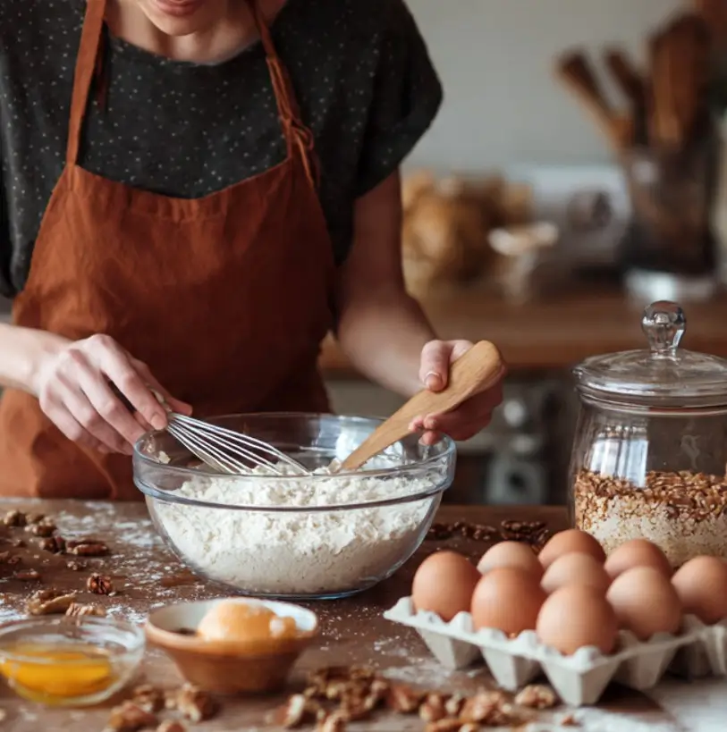 Baker whisking dry ingredients in a large glass bowl surrounded by pecans and baking supplies.