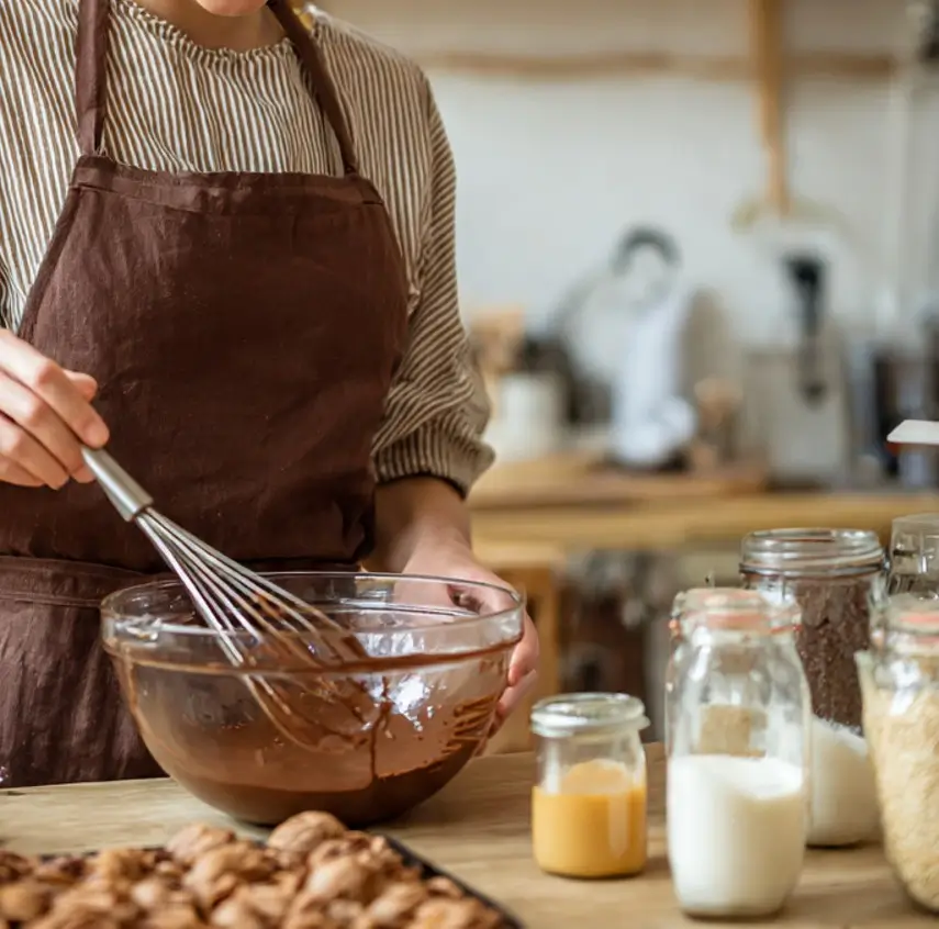 Person whisking melted chocolate batter in a glass bowl while preparing brownies.